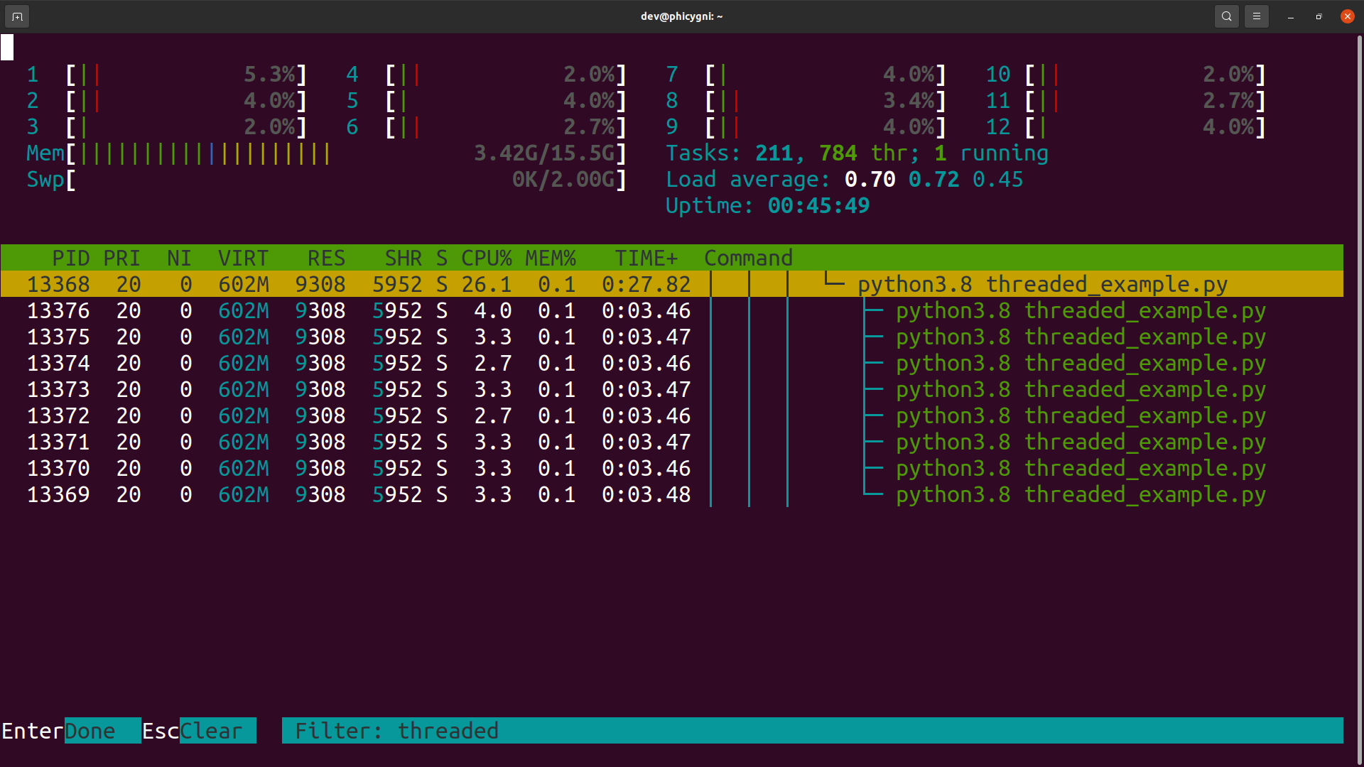 The task manager showing a Python process with its threads.
